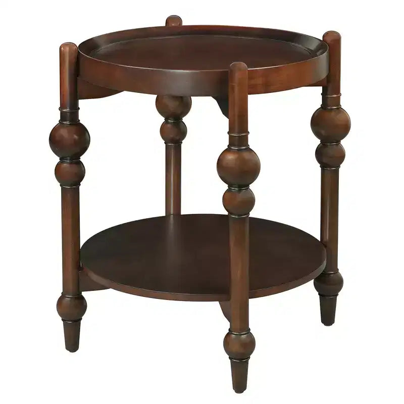 Tavolino Rotondo Classico in Legno Massello con Ripiano Inferiore