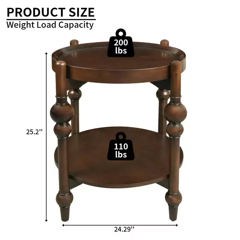 Tavolino Rotondo Classico in Legno Massello con Ripiano Inferiore