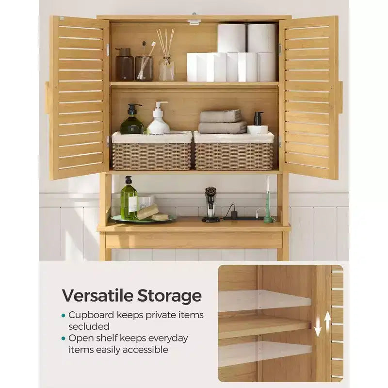 Armadietto salvaspazio sopra il WC, mobiletto con ripiano interno regolabile e barra stabilizzatrice inferiore, scaffale per WC, beige naturale