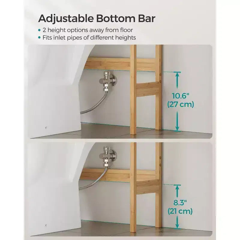 Armadietto salvaspazio sopra il WC, mobiletto con ripiano interno regolabile e barra stabilizzatrice inferiore, scaffale per WC, beige naturale